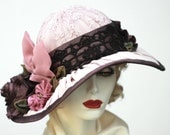 Vintage Reproduction Trendy Downton Abbey Summer Edwardian Large Wide Brim Hat Heirloom Flowers Pink Bow