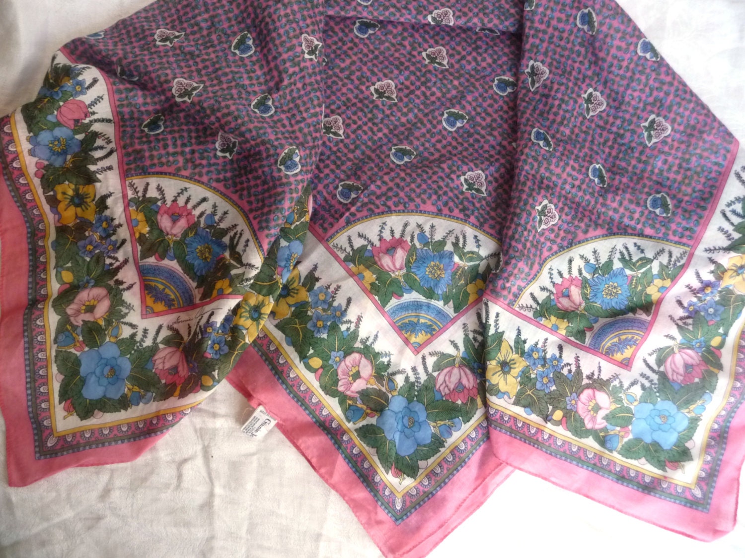 Lightweight Pink Blue Floral Cotton Scarf - Ginnie Johanssen Designer - Cotton Flowers - Spring Summer - Made in Japan - Vintage 1980s 80s