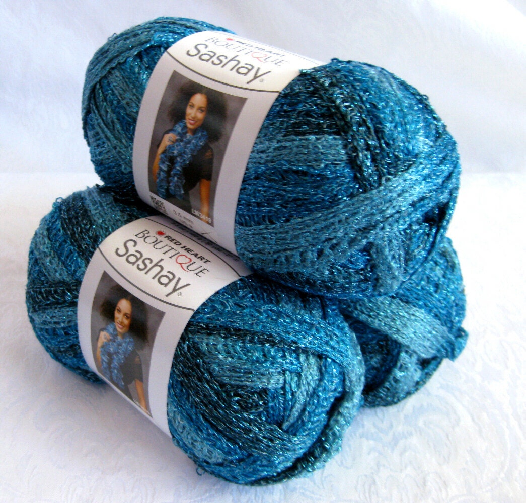 Boutique Sashay Metallic yarn  AQUAMARINE,  sea blue green shades, Red Heart yarn