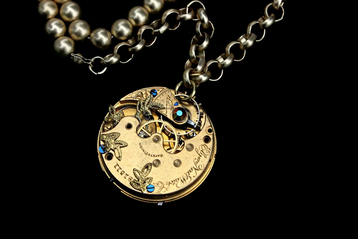 Steampunk Necklace- Industrial Wedding- Luxury Statement- Silver Clockwork- Vintage Watch Movement- Swarovski- Filigree- tasherajean- SPN27