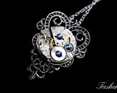 Steampunk Necklace- Industrial Wedding- Luxury Statement- Silver Clockwork- Vintage Watch Movement- Swarovski- Filigree- tasherajean- SPN33