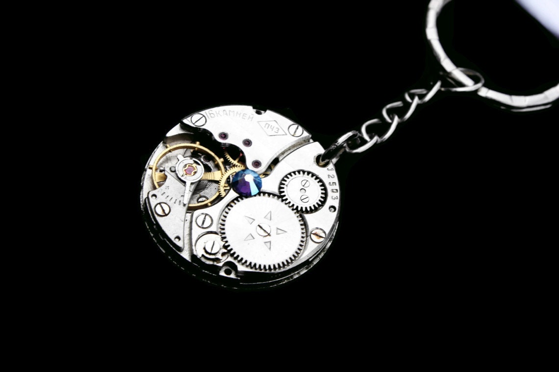 Steampunk Keychain- Industrial Wedding- Luxury Statement- Silver Clockwork- Vintage Watch Movement- Swarovski- Unisex- tasherajean- SK06