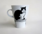 Black and White Cat on rooftop -  Handpainted Porcelain  Mug