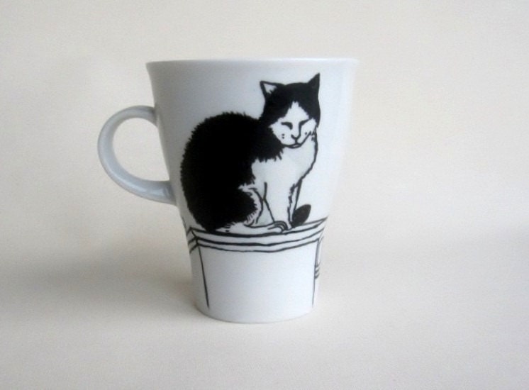 Black and White Cat on rooftop -  Handpainted Porcelain  Mug