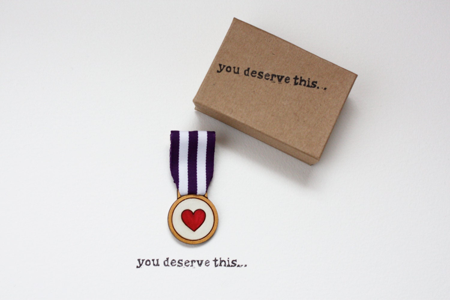 Heart Medal. Laser Cut Sustainable Wood. Ribbon and Brooch Back. Handmade and painted.