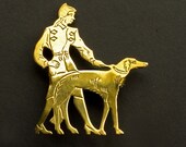 Art Deco Brass Brooch - Lady Walking the Dog -1930's