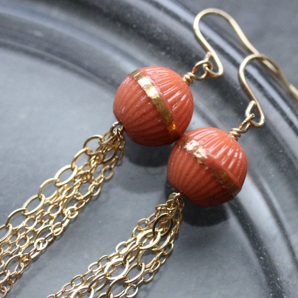 Gold Chain and Coral Beaded Dangle Earrings with Vintage Glass Beads