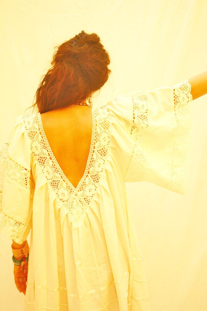 Mexican Romantic Vintage Crochet Maxi dress cotton crochet bell sleeves deep V neck