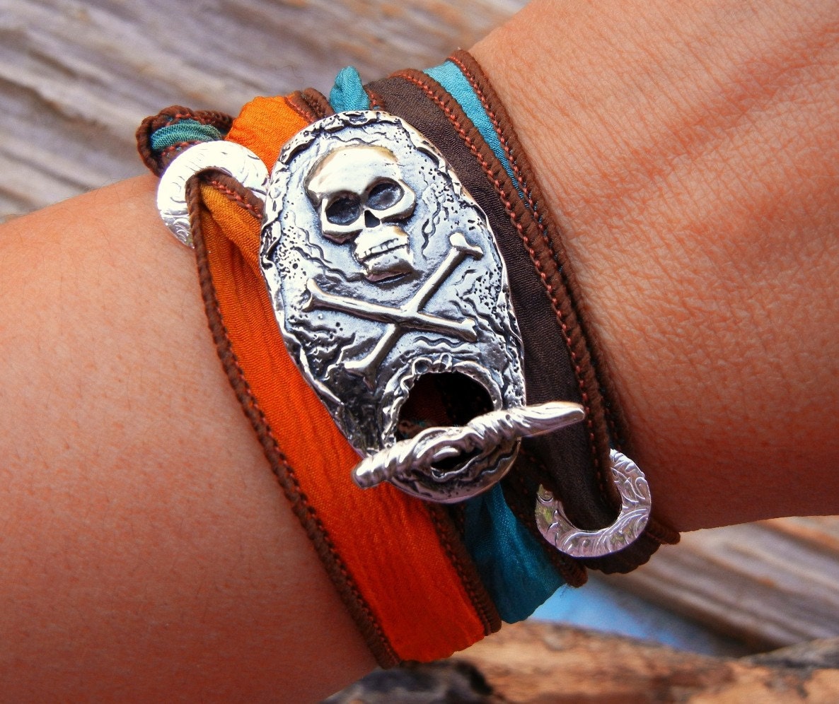 Tattoo Jewelry, STERLING SILVER Skull Jewelry, Skull and Crossbones Bracelet, Skeleton Jewelry, Silk Ribbon Wrap Bracelet