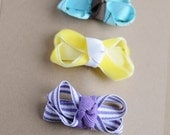 newborn baby girls bitty hair clip boutique bow collection - blue yellow purple - mini snap clip set