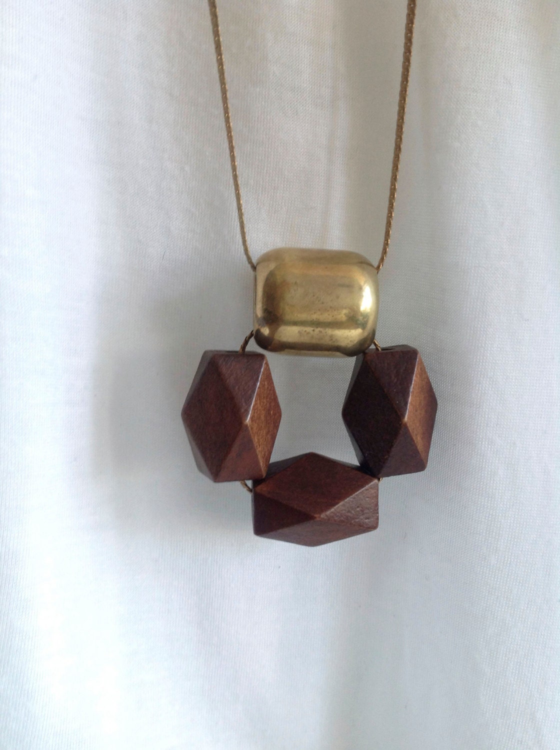 Extra Long Geometric Wood & Brass Bead Statement Necklace, Modern, Minimal Simple Fashion
