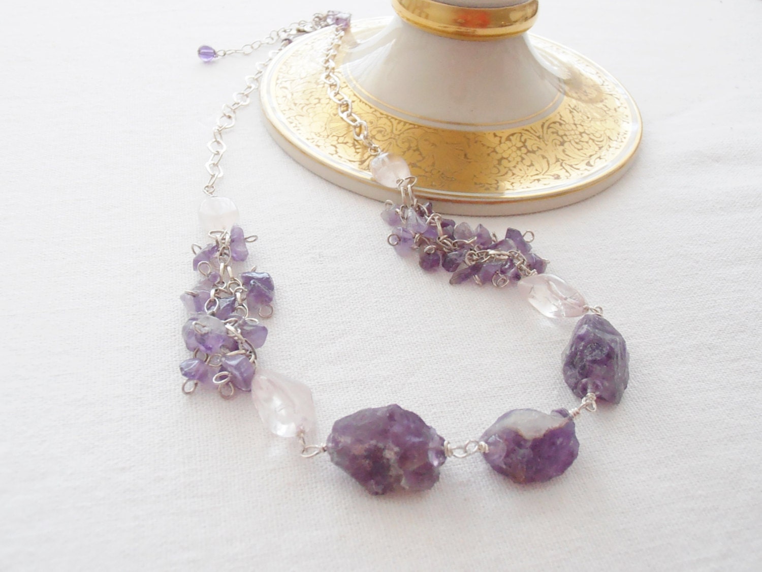 Amethyst Sterling Silver Necklace, Wire wrapped, Hand crafted, Short necklace, for Her, Vintage Look, Raw gemstone.