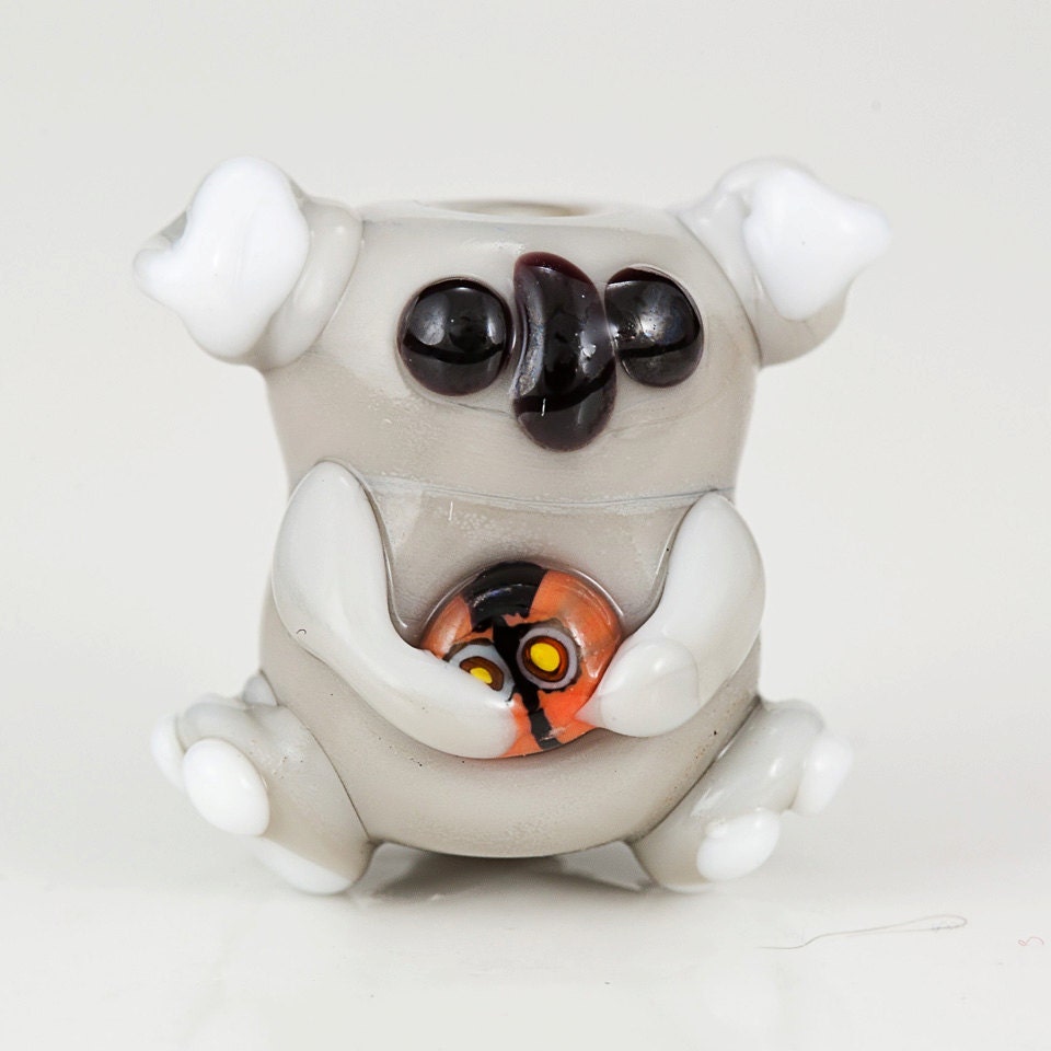 Gray Grey Koala Lampwork Glass Bead - heart