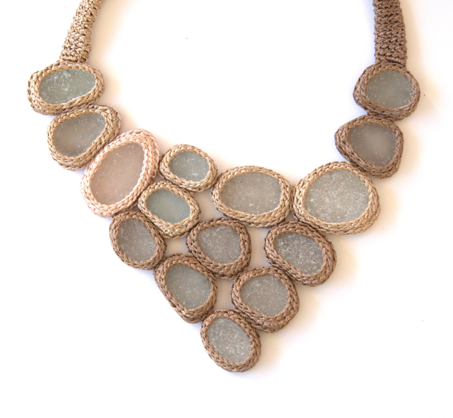Statement bib necklace with 15 sea glass Weddings beige cream crochet collar OOAK bohemian beach handmade gift her Easter Birthday spring