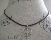 Peace Sign on Leather Cord Necklace- Sterling Silver