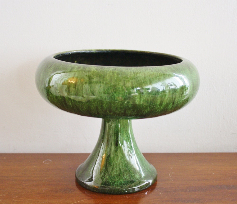 Large vintage green ceramic pedestal bowl