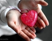 Jewelry - Heart - Glitter - Big Hot Pink Glittery Heart Shaped Resin Pendant Necklace... handmade by isewcute