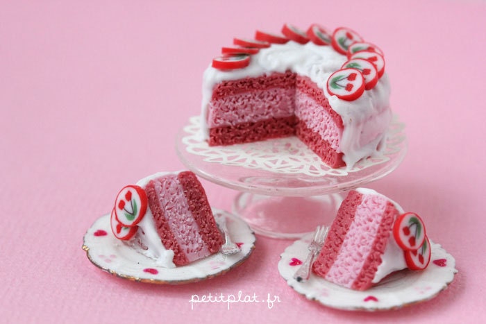 Miniature Pink Cake for Collectors - Cherry Candy - Dollhouse Miniature Food in 1:12 Scale