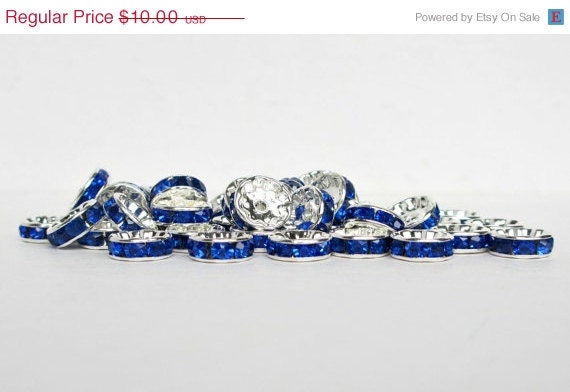 50% OFF SALE 50 pcs Royal Blue Silver Rhinestone Rondelles, 10mm Rondelles