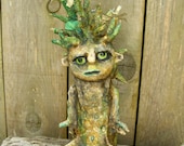 Mr Green, Paper mache paper clay hand painted OAAK primitive folk art figurine Art doll, The Green Man