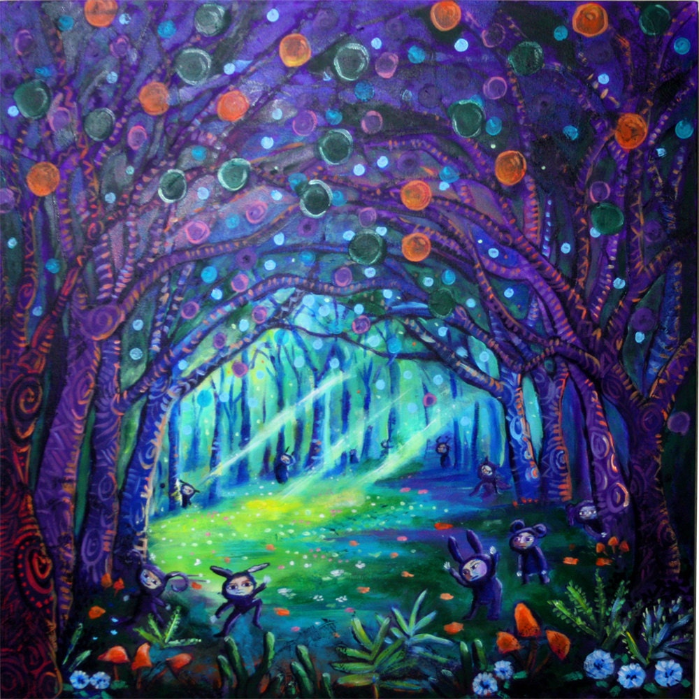 In the Shadows 10 x 10 inch Giclee Print Modern Contemporary Folk Art imps pixies fairies in the woods