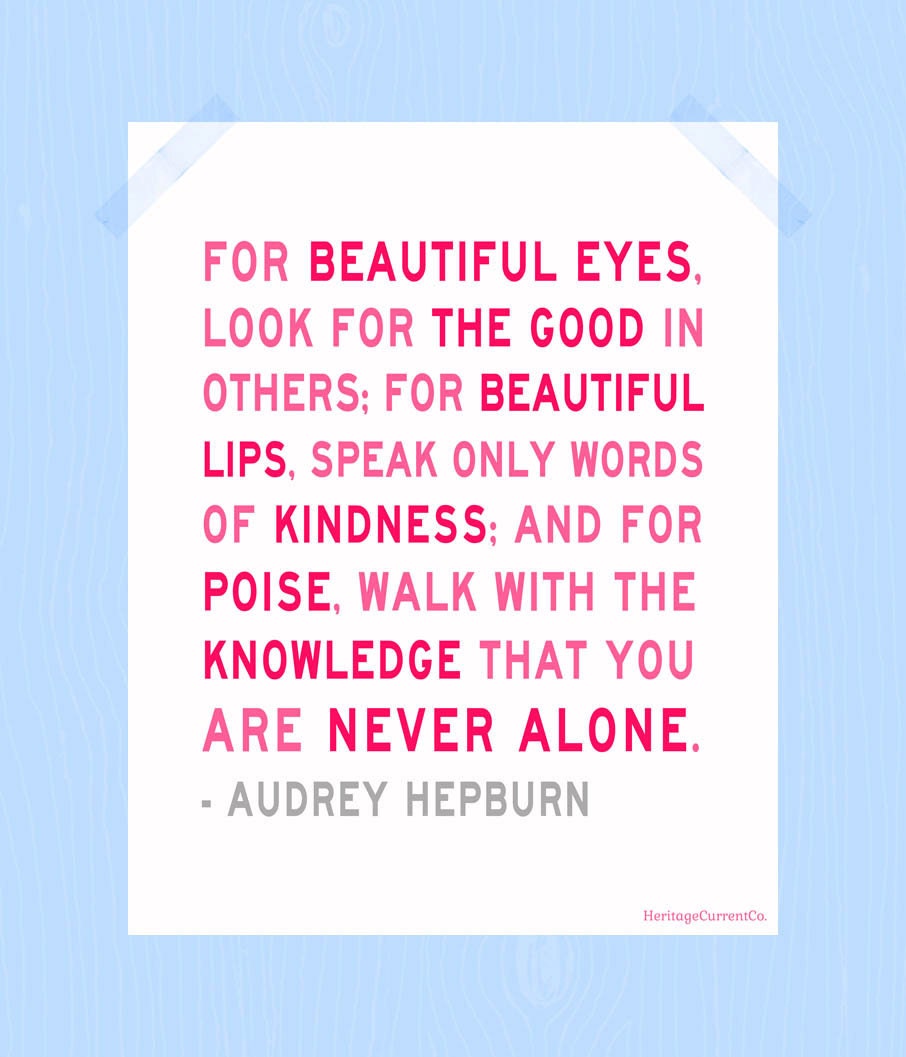 Audrey Hepburn Print You Are Never Alone Digital Print 8 x 10 Pink and Gray Art