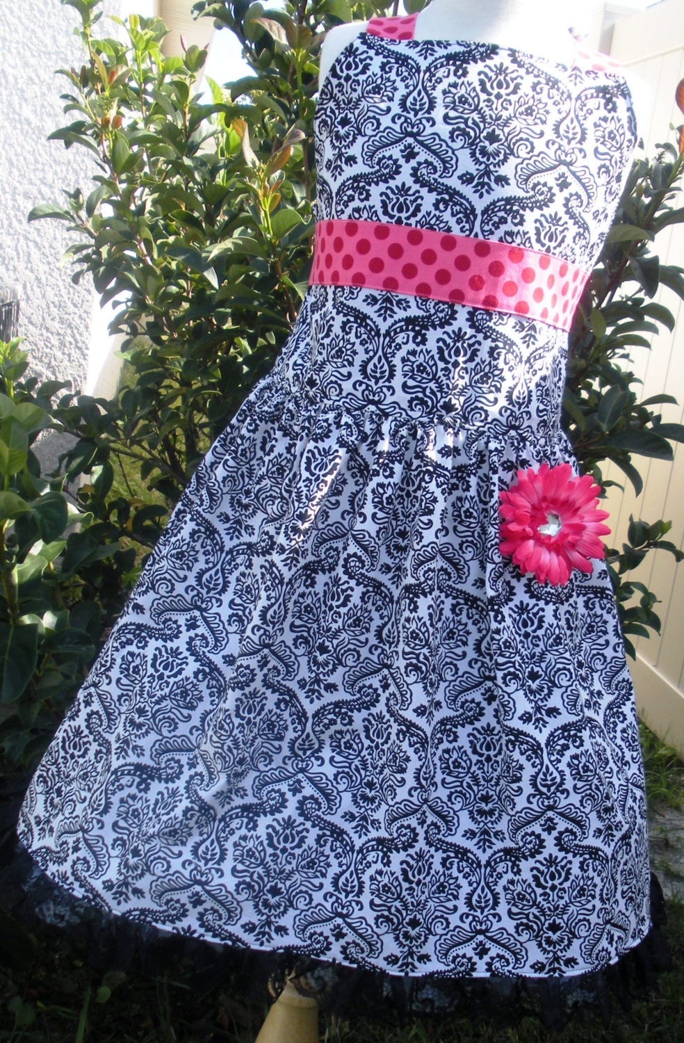 Custom Boutique Black Damask Hot Pink ta dot Sundress Girl 7 8 Ready to Ship