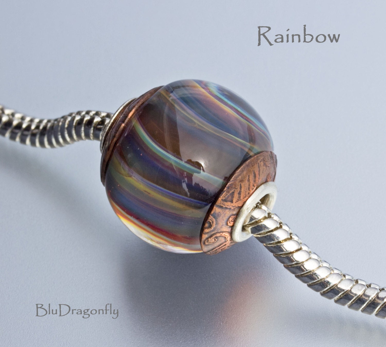 Handmade Borosilicate Lampwork Glass Bead - BluDragonfly SRA - Fits Troll, Biagi and Chamilia - Rainbow