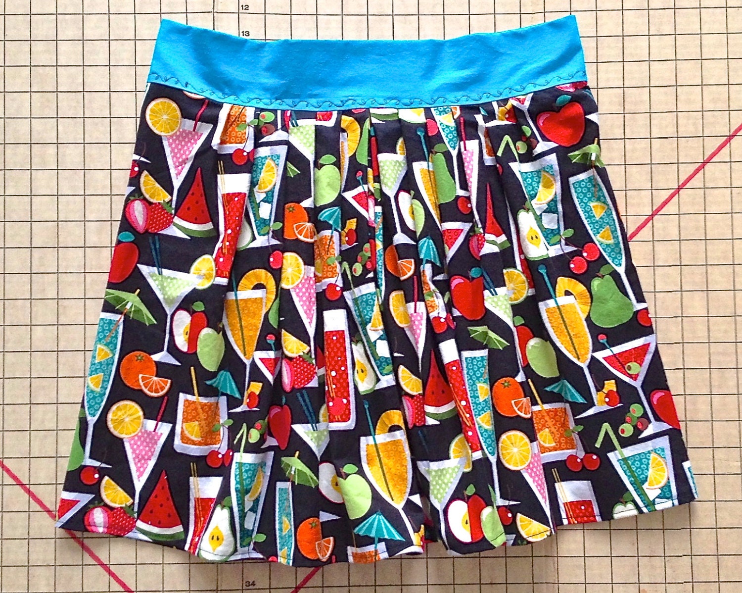 Fruit Drink Cocktails X-Large Aline Full Pleated Skirt Turquoise Black