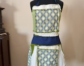 RAG APRON, Full Bib, Women, White Moss Green Navy Blue, Modern Damask Ready to Ship