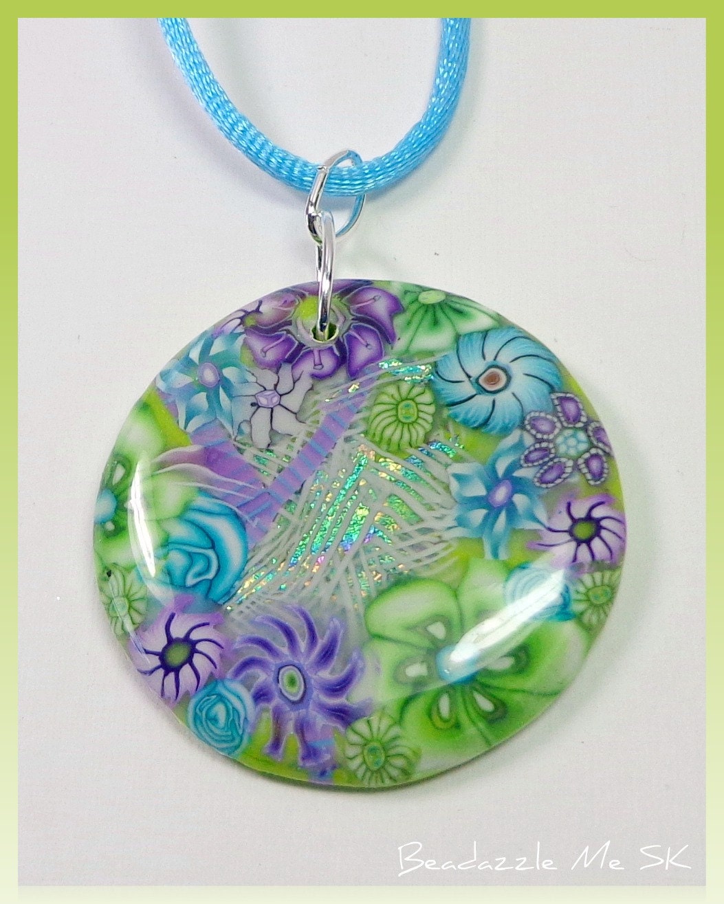 polymer clay Flower Garden Faux Dichroic Pendant Necklace, handmade jewelry