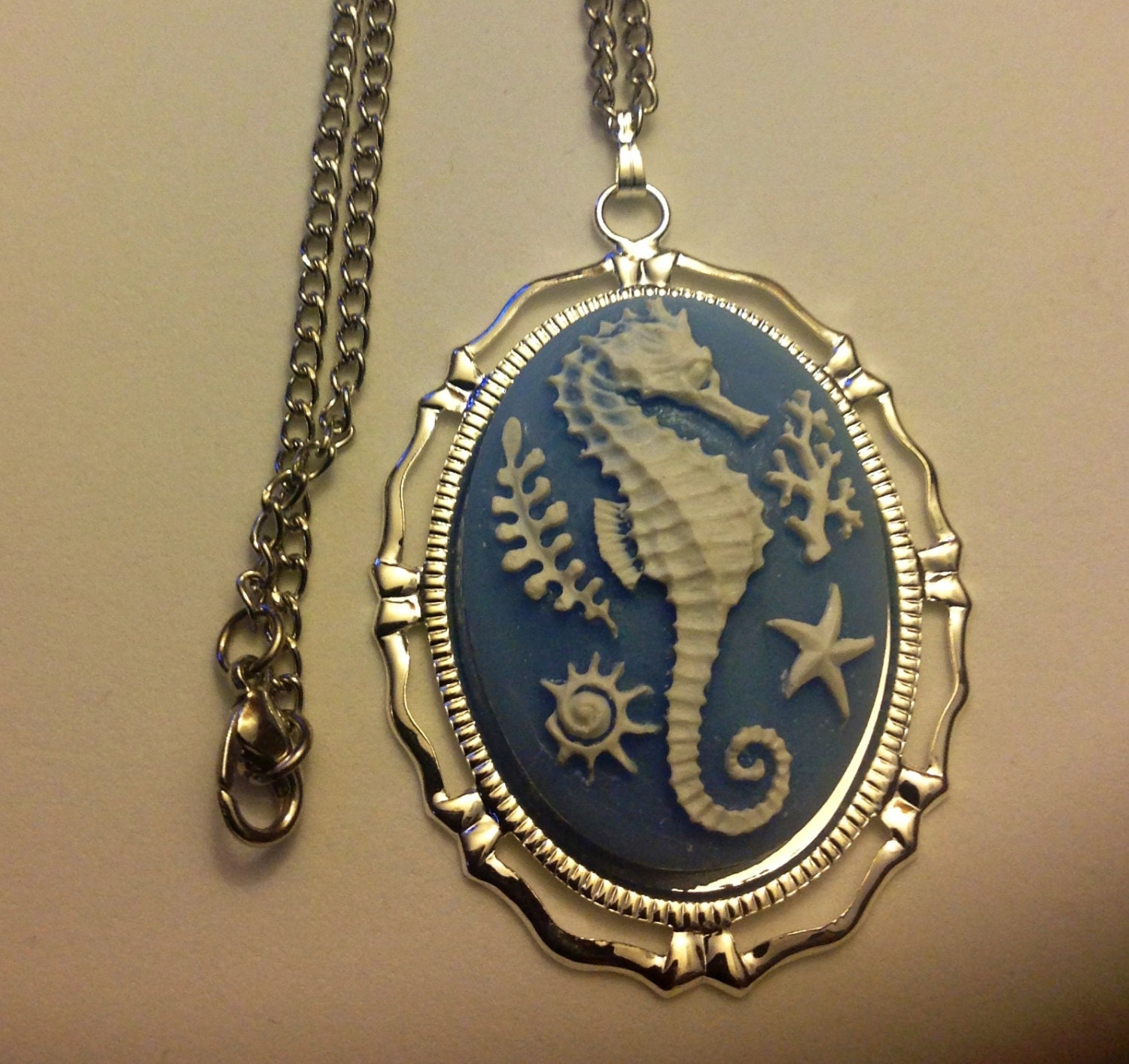 Seahorse, blue, blue seahorse, seahorse necklace, Cameo, seahorse cameo, necklace, tiki, mermaid, retro, pin up, READY TO SHIP