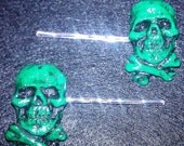 ON SALE Pirate Jolly Rodger Green skull and crossbones Hair barrettes or bobby pins