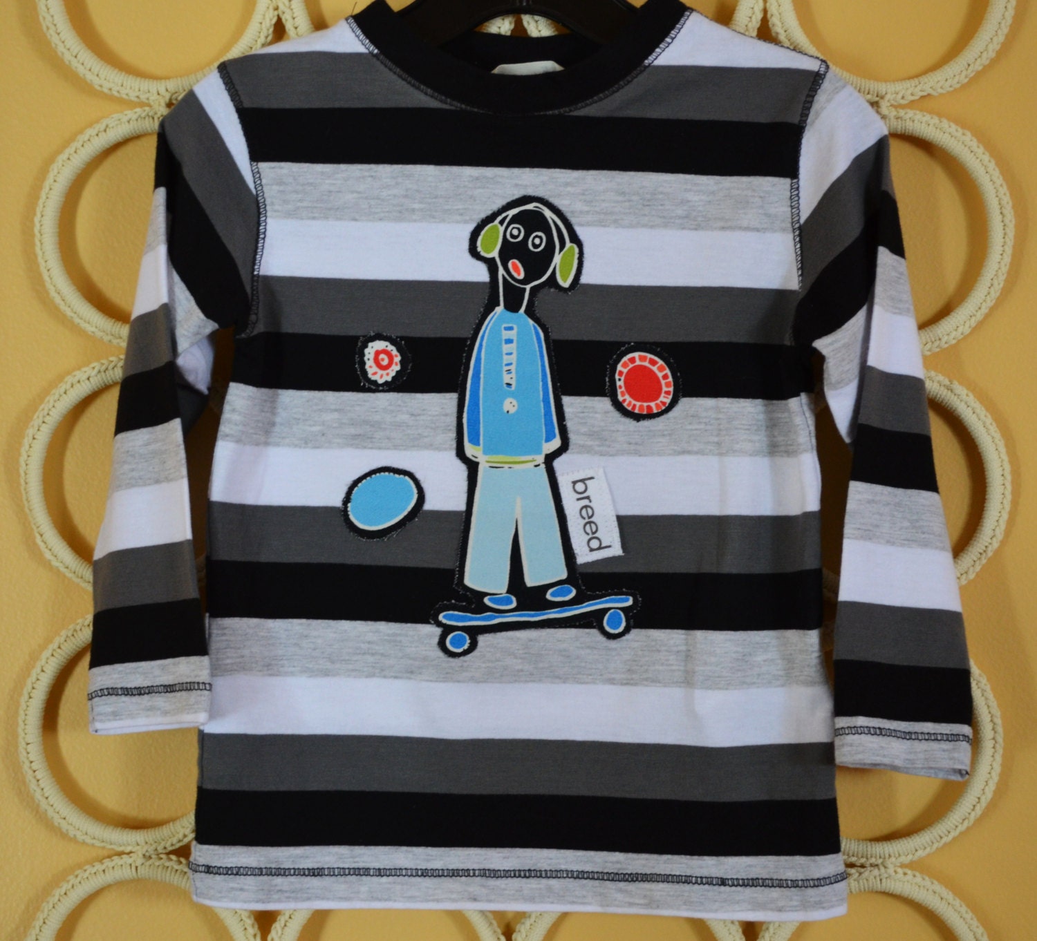 FREE SHIPPING- Skateboarder Black White and Gray Striped Organic Cotton Tshirt Sized  24 Months