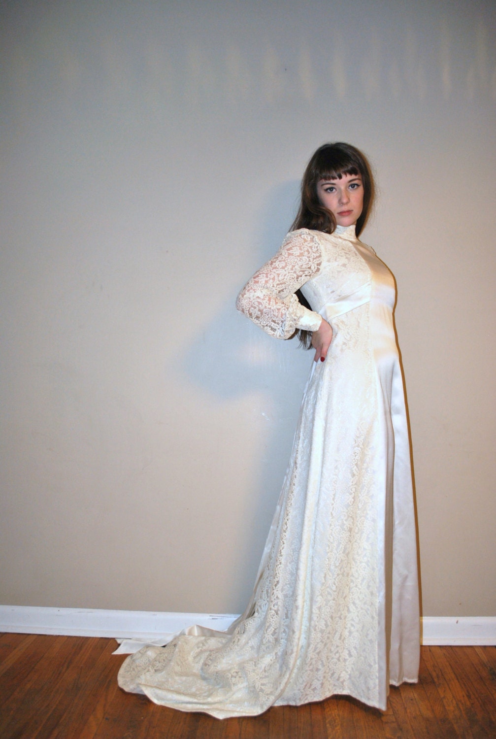 60s wedding dress // satin and lace // vintage 1960s retro lace wedding dress with train
