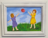 Folk Art , Painting, Girls, Playing, Ball, Toss, Vintage, Original Acrylic,  5x7, Framed - RisingStarArt