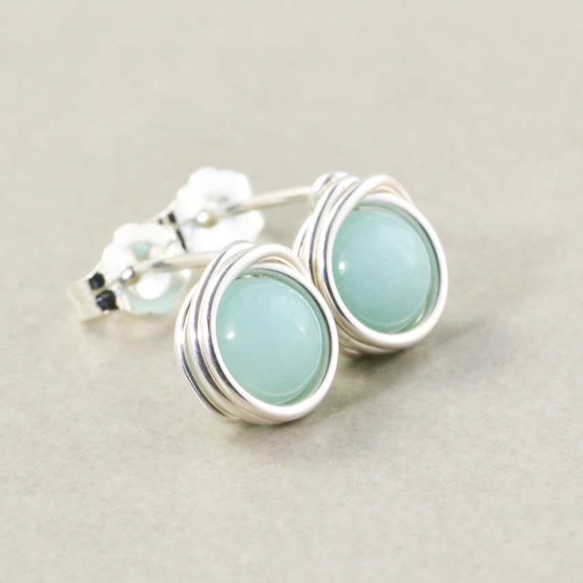 Amazonite Post Stud Earrings, Aqua Sterling Silver Studs, Mint Post Earrings