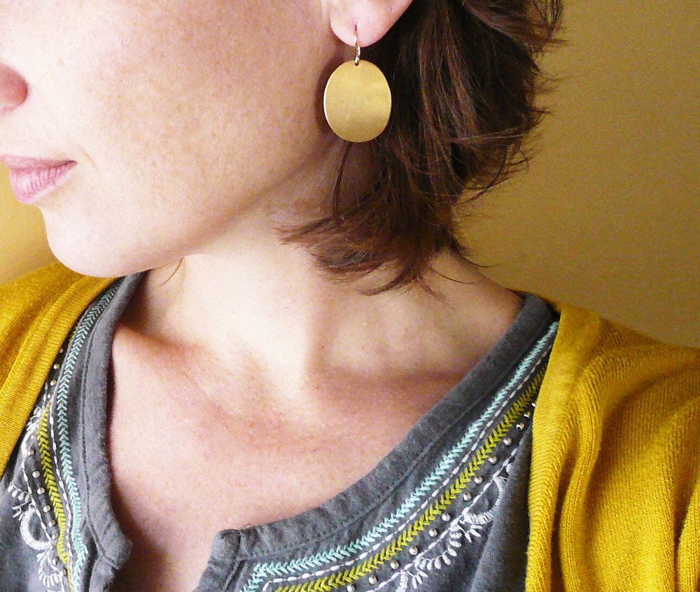 Gold Oval Earrings - Simple Geometric Earrings, Big Vintage Brass Oval Dome Earrings