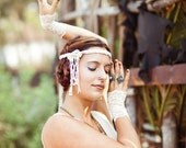 TRIBAL BRAIDED HEADBAND - Handmade OoAK head band - Wedding Bride Kawaii - Off white cream rose