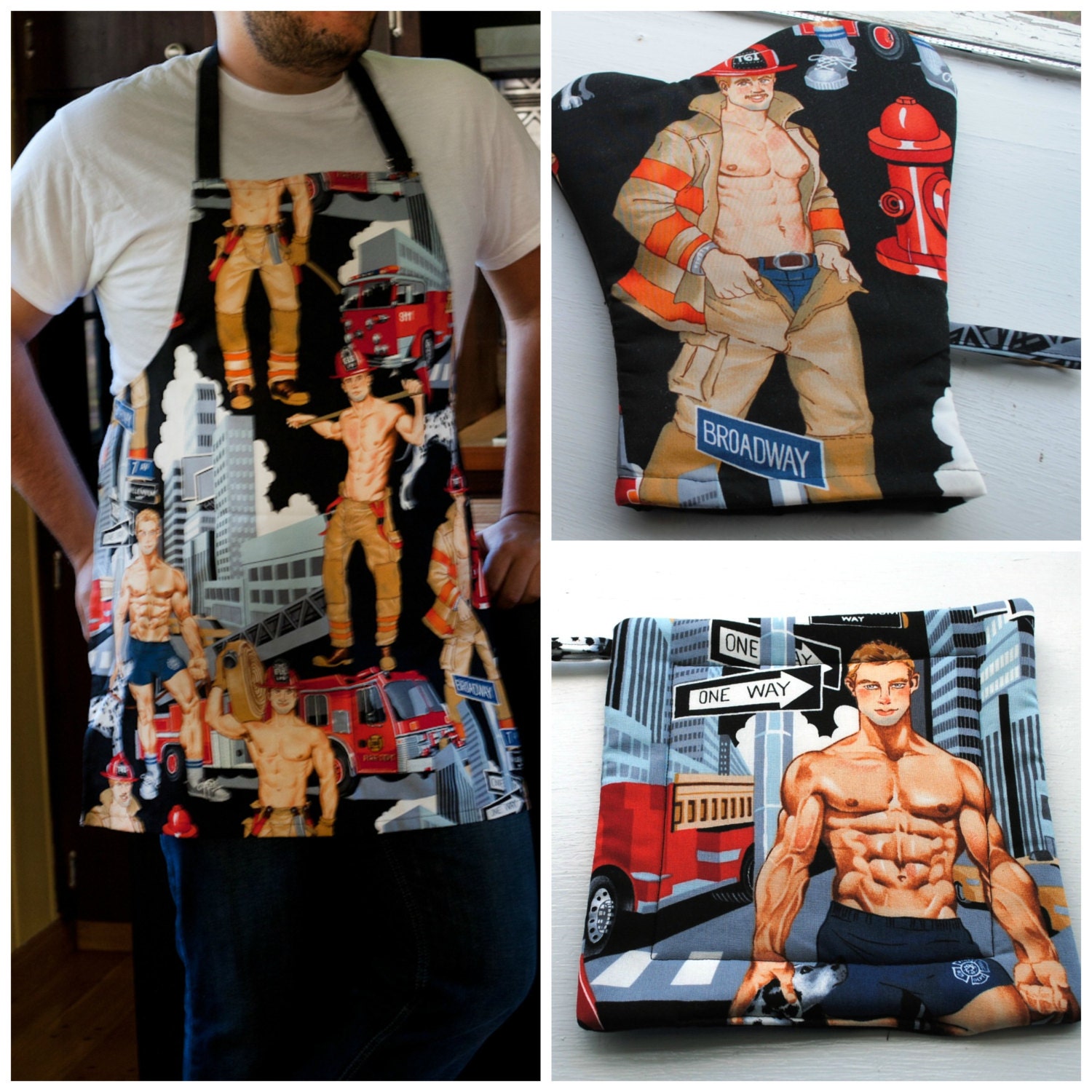 Unisex BBQ  Set of 3 Apron  Potholder and Oven Mitt Men Women Alexander Henry Fireman