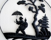 Vintage Metal Asian wall art, circle art, tin art, chinese, japanese, temple, bonsai