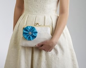 Bridesmaids Gifts- Bridal Purse- Wedding Clutches- WHITE Wedding Purse with Tiffany BLUE Flower Brooch