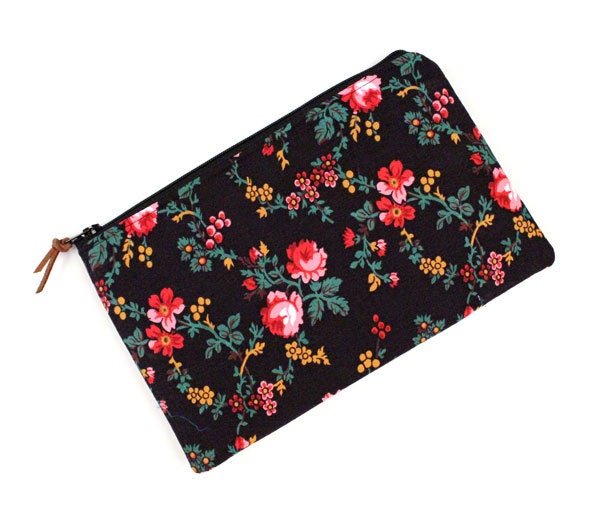 Clutch Zipper Pouch, Spring Purse, Black and Pink Flowers, Vintage Floral Print, Make Up Bag, Cosmetic Bag,