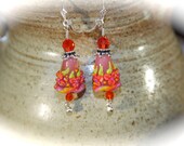 Pink cone shaped lampwork beads with floral design, Swarovski crystal and sterling silver, spring, Easter, handmade, handcrafted