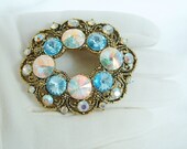 Vintage Blue Rivoli Rhinestone Hollycraft Brooch