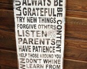 New Hand Painted primitive looking (Family Rules Subway Art ) cream w/chocolate brown letters pine wood sign