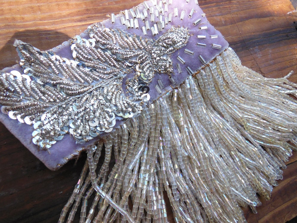 Gorgeous Hand Sewn Wrist Cuff, Silver, Purple, Bracelet, One of a Kind, Beaded Fringe, Vintage Elements