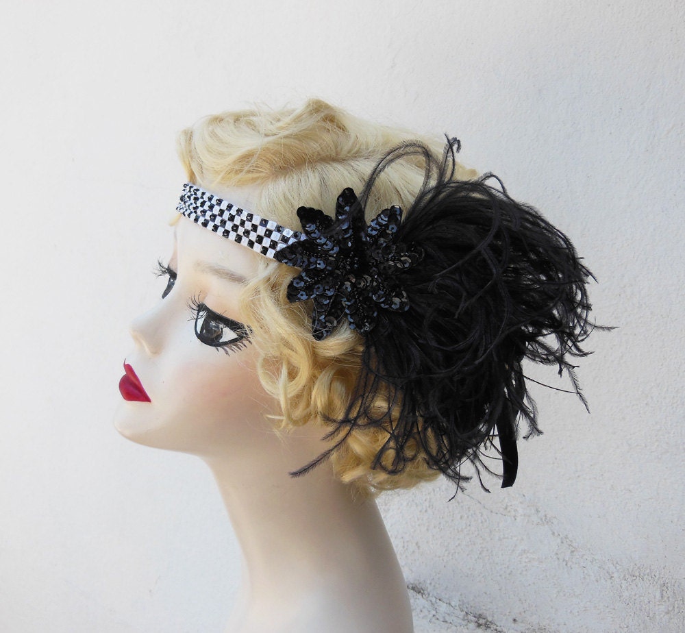 Black and White, Flapper Headband, Great Gatsby, Costume Head Piece, Feather Fascinator, Checkerboard, Beaded Flower, Batcakes
