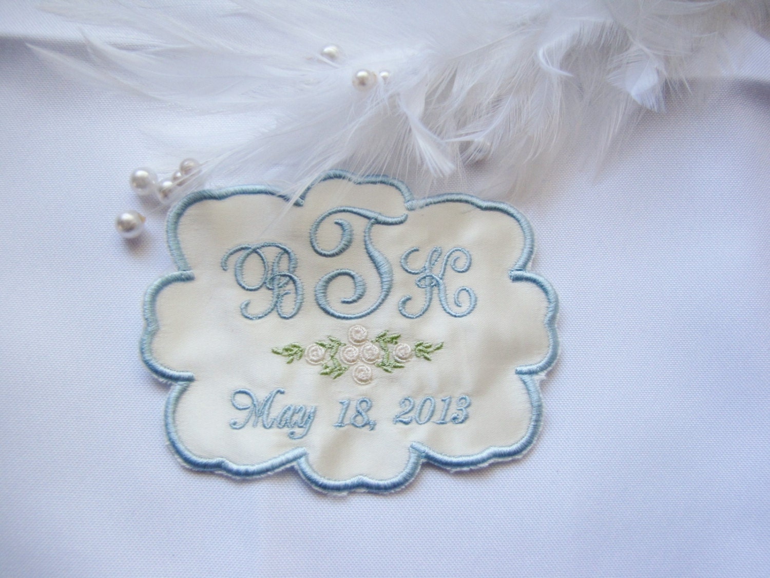 Cusom Made Monogrammed Wedding Dress Label with Rose Design and Scalloped Edge Trim