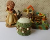 Sage Green and Off White with Bead Flowers Bottle Cap Pincushion